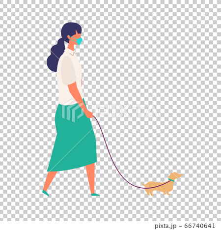 コロナ禍で犬の散歩をする女性のおしゃれなイメージイラストのイラスト素材