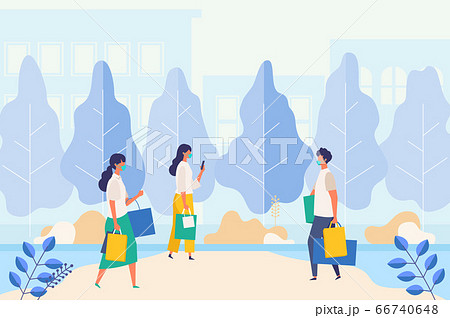 コロナ禍の夏のショッピングを楽しむ人々のイラスト 66740648
