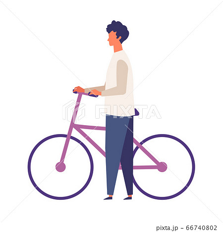 秋の装いで自転車を押す男性のおしゃれなイメージイラストのイラスト素材