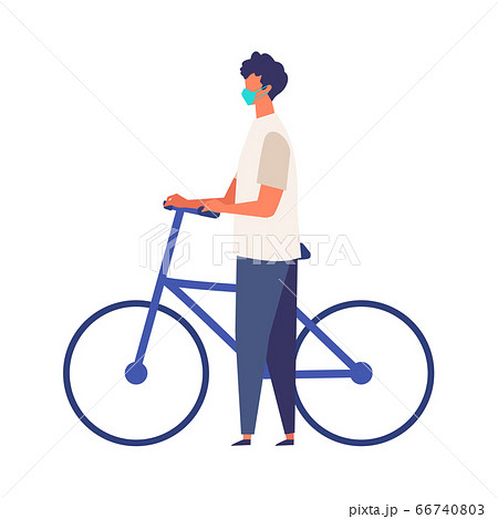 コロナ禍で自転車を押す男性のおしゃれなイメージイラストのイラスト素材