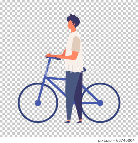 夏服で自転車を押す男性のおしゃれなイメージイラストのイラスト素材