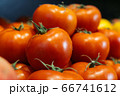 Wet fresh tomatoes on supermarket shelf. Red organic vegetables in grocery store. Healthy vegetarian food, nutrition, dieting. 66741612
