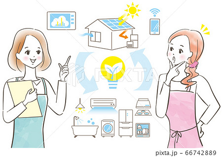 家電のアイコンとエプロンを着た女性 Zeh住宅 Iot パステル画 手描きのイラスト素材