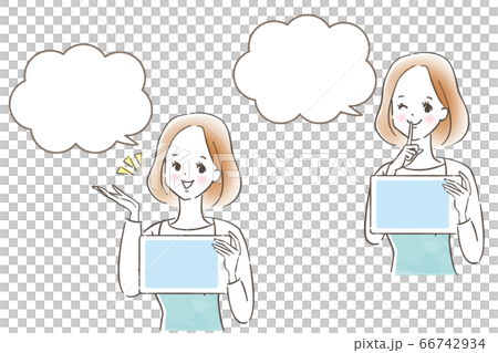 タブレットを持って説明する笑顔の女性 内緒 こちらパステル画 手描きのイラスト素材 タブレットを持って説明する笑顔の女性 内緒 こちらパステル画 手描きのイラスト素材