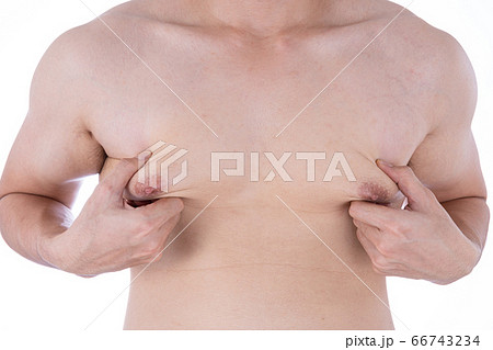 Close up man holding men boobs on white 66743234