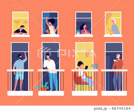 People on balcony. Modern apartment building, neighborhood life. Neighbours looking, communication, reading and drink coffee vector concept People on balcony. Modern apartment building, neighborhood life. Neighbours looking, communication, reading and drink coffee vector concept 66744164