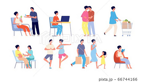 Pregnant couple. Relaxing yoga, pregnancy stretching gymnastics poses. Waiting baby daily routine, happy husband hugging wife vector set 66744166