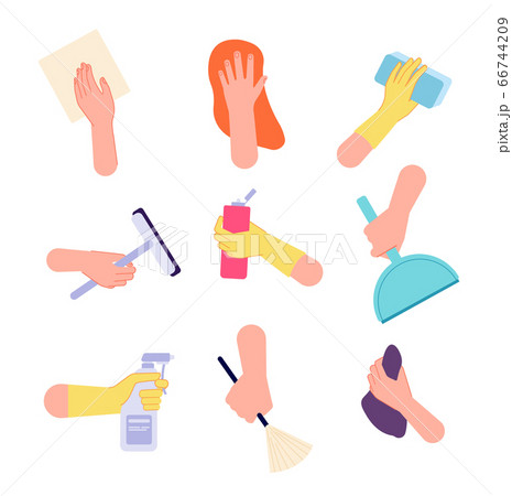 Hand cleaning. Hands watering, holding spray bottle brush sanitary wipes. Isolated housework icons with detergent tools vector illustration 66744209