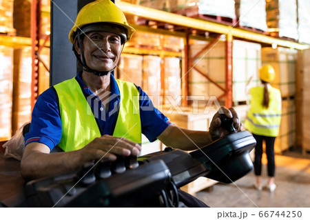 Asian warehouse worker with forklift in warehouse 66744250