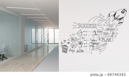 A modern office with creative business strategy sketch drawn on white wall A modern office with creative business strategy sketch drawn on white wall 66746383