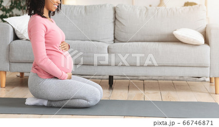 Cropped profile photo of pregnant woman exercising at home 66746871