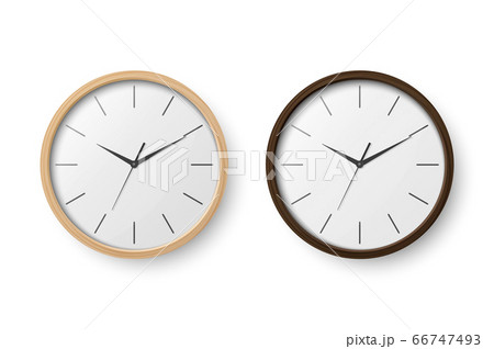 Vector 3d Realistic Simple Round Wooden Wall Office Clock with White Dial Icon Set Closeup Isolated on White Background. Design Template, Mock-up for Branding, Advertise. Front or Top View 66747493