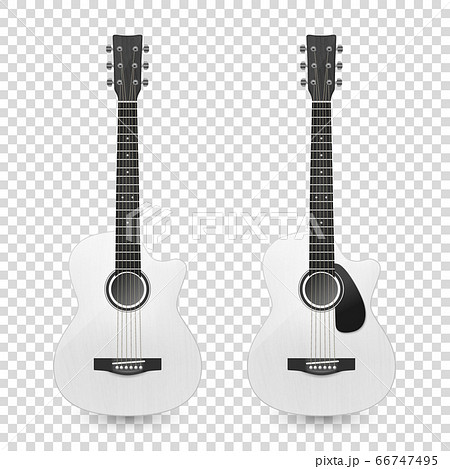 Vector 3d Realistic Classic Old Retro Acoustic White Wooden Guitar Icon Set Closeup Isolated on Transparent Background. Design Templte, Mockup, Clipart. Musical Art Concept 66747495