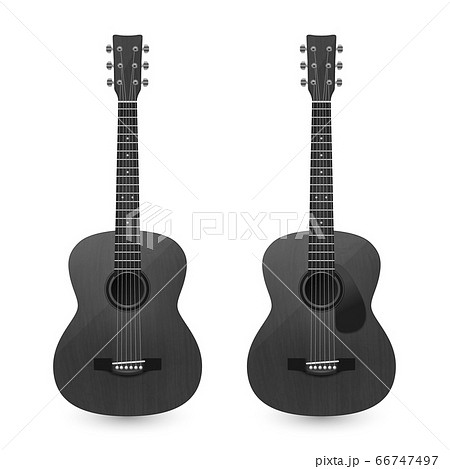 Vector 3d Realistic Classic Old Retro Acoustic Black Wooden Guitar Icon Set Closeup Isolated on White Background. Design Templte, Mockup, Clipart. Musical Art Concept 66747497