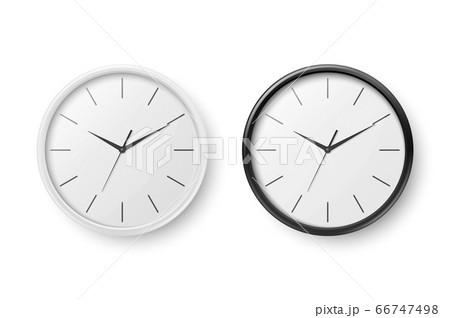 Vector 3d Realistic Simple Round White and Black Wall Office Clock with White Dial Icon Set Closeup Isolated on White Background. Design Template, Mock-up for Branding, Advertise. Front or Top View 66747498
