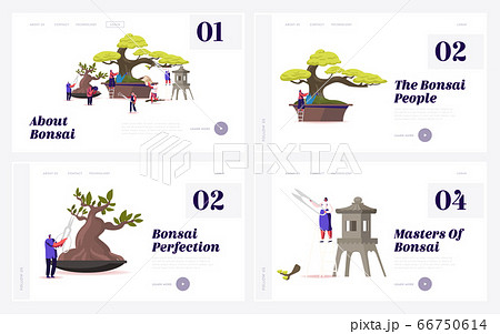 Bonsai Growing Landing Page Template Set. Tiny Characters Enjoying Hobby Caring, Pruning and Trimming Bonsai Trees. Plants Gardening, Traditional Asian Art, Culture. Cartoon People Vector Illustration 66750614