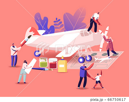 Aircraft Modeling Concept. Tiny Male and Female Characters Assembling and Painting Huge Airplane Model, Put Propeller Using Scheme, Father and Son Creative Hobby. Cartoon People Vector Illustration Aircraft Modeling Concept. Tiny Male and Female Characters Assembling and Painting Huge Airplane Model, Put Propeller Using Scheme, Father and Son Creative Hobby. Cartoon People Vector Illustration 66750617