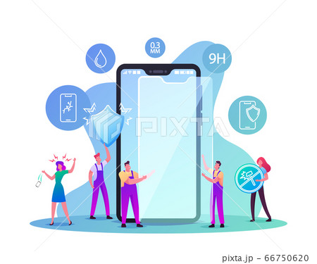 Characters Put on Smartphone Screen Protector Film, Cell Phone Glass Cover. Plastic Protection Against Damage. Protective Cover for Telephone, Shield to Display Cartoon People Vector Illustration 66750620