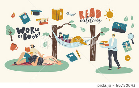 People Reading Books Outdoor. Happy Male and Female Characters Open Air Sparetime with Interesting Books. Men and Women Spending Time Relaxing and Read Literature on Nature. Linear Vector Illustration 66750643