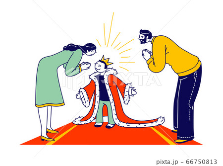 Spoiled Kid Concept. Parent Characters Admire with Child in Gold Crown on Head and Royal Mantle Standing on Red Carpet. Cockered Baby, Egoist Education, Little King. Linear People Vector Illustration 66750813
