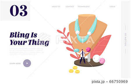 Creative Hobby, Handcraft for Selling, Jewelry Bijouterie Landing Page Template. Tiny Female Character Holding Beads at Huge Mannequin with Beautiful Handmade Necklace. Cartoon Vector Illustration 66750969