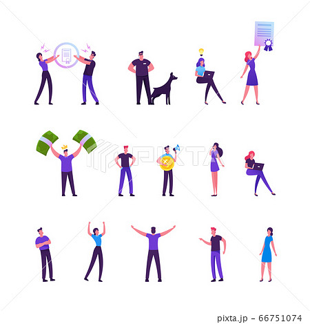 Set of Male and Female Characters Fighting for Patent Law, Guard with Dog, Man in Crown Holding Money. People Waving Hands, Yelling to Megaphone and Working on Laptop. Cartoon Vector Illustration 66751074