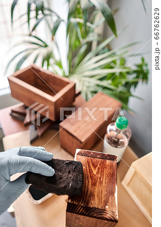 Man carpenter varnishing wooden crate for flowers with brush in her small business woodwork workshop. In your work, do you use stains or wood preservatives to show the wood pattern. Man carpenter varnishing wooden crate for flowers with brush in her small business woodwork workshop. In your work, do you use stains or wood preservatives to show the wood pattern. 66762629