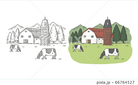 海外の牧場の景色ペン画のイラスト素材