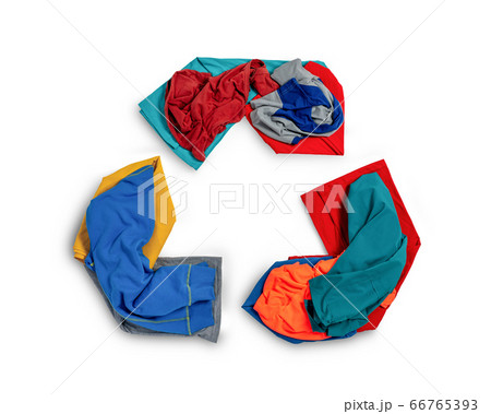 Shape of recycle symbol from fabric scraps, old clothing and textiles 66765393