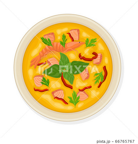 Thai Main Course with Salmon Cubes and Shrimps Top View Vector Illustration 66765767