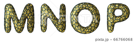 Realistic 3D letter set M, N, O, P made of gold shining metal . 66766068