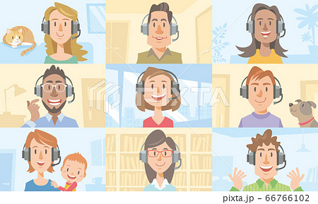 インターネットで話している人々。テレワーク、リモートワークのイメージ。 インターネットで話している人々。テレワーク、リモートワークのイメージ。 66766102