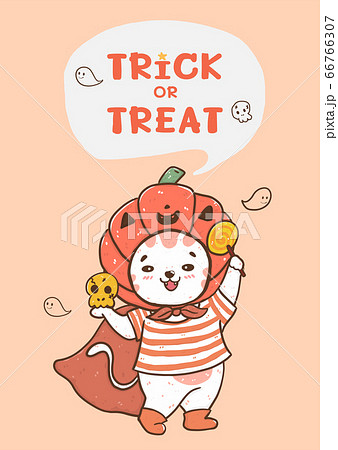 Cute Happy Smiling Fat Cat With Halloween Pumpkinのイラスト素材