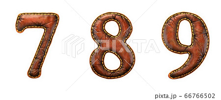 Set of numbers 7, 8, 9, made of leather. 3D render font with skin texture isolated on white background. 66766502