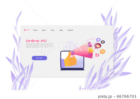 Flat cartoon icon with online PR business landing page template for concept design with characters. Flat cartoon icon with online PR business landing page template for concept design with characters. 66766703