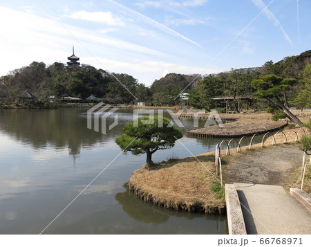 横浜市の三溪園(大池・旧燈明寺三重塔) 横浜市の三溪園(大池・旧燈明寺三重塔) 66768971