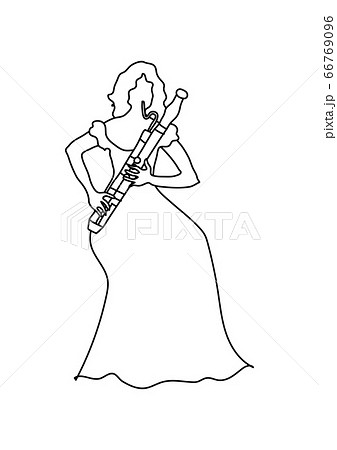 座ってファゴットを吹く女性 線画のイラスト素材