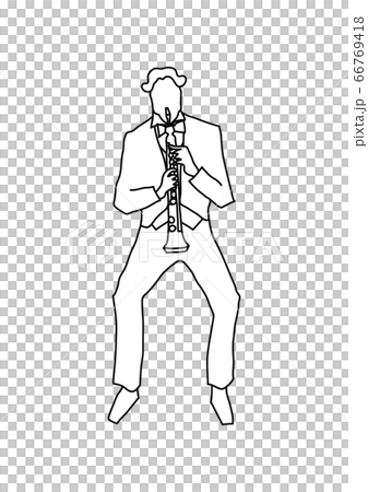 座ってオーボエを吹く男性　線画 66769418