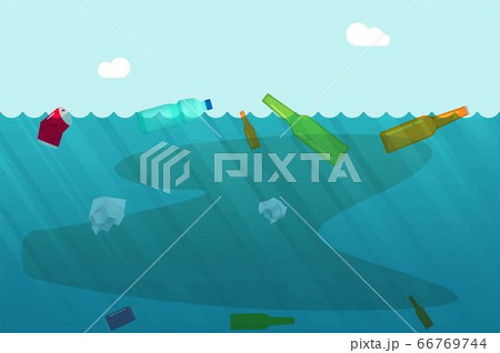 Water pollution concept with garbage trash floating on ocean or dirty sea as environmental problem vector flat cartoon illustration, idea of underwater chemical polluted issue modern design 66769744