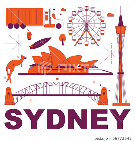 Sydney culture travel set, famous architectures and specialties in flat design. Business travel and tourism concept isolated on white background. Image for presentation, banner, website, app, advert 66772645