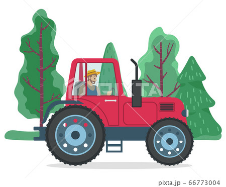 Farmer Driving Tractor near Green Trees Vector 66773004