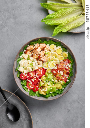 Cobb Salad in gray matte bowl on concrete backdrop. USA food and meal. American cuisine dish 66773413