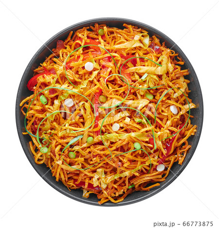 Chinese Bhel isolated on white backdrop. ndo-Chinese cuisine street food dish with schezwan sauce Chinese Bhel isolated on white backdrop. ndo-Chinese cuisine street food dish with schezwan sauce 66773875