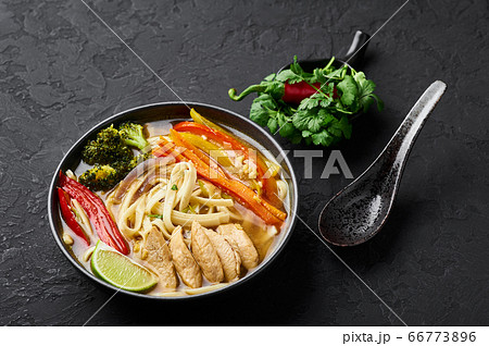Chicken Thukpa in black bowl at dark slate background. Chicken Thukpa is Tibetan cuisine noodle soup Chicken Thukpa in black bowl at dark slate background. Chicken Thukpa is Tibetan cuisine noodle soup 66773896