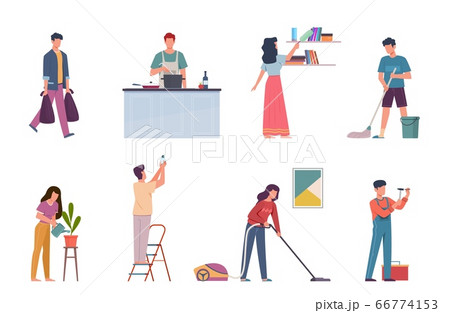 Household activities. Housekeeping chores, repair and cleaning home, people wash dishes and floor and vacuuming, cook vector characters 66774153