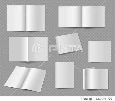 Blank magazine. Realistic empty album or book mockup frontally and from different angles presentation publication, paper sheets vector set 66774155