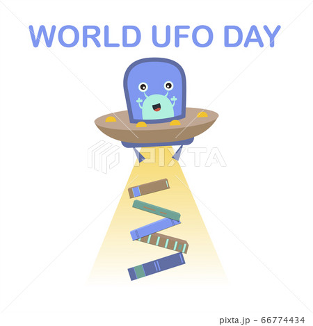 image for international UFO day. A flat picture of a flying saucer with aliens who want to steal something from the planet Earth. image for international UFO day. A flat picture of a flying saucer with aliens who want to steal something from the planet Earth. 66774434
