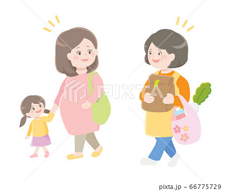 近所のおばさんに挨拶をする妊婦と子供のイラスト素材