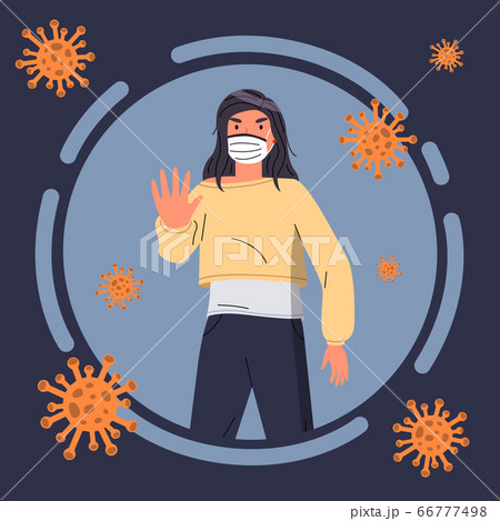 Cartoon avatar of woman wearing medical mask among flying virus pathogen, world pandemic concept Cartoon avatar of woman wearing medical mask among flying virus pathogen, world pandemic concept 66777498