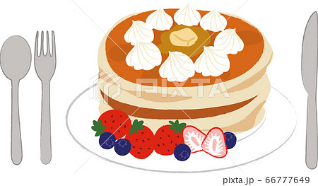 パンケーキとフルーツとカトラリーのイラストのイラスト素材